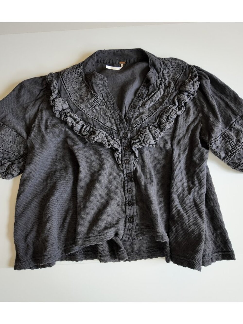 Free People "Walk In The Park" Ruffle Lace Thermal Top Off Black Size XS